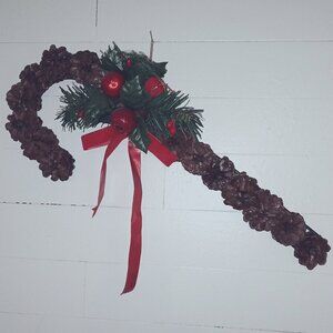 Christmas Holiday Cane Wreath Wall Door Decor Pinecone